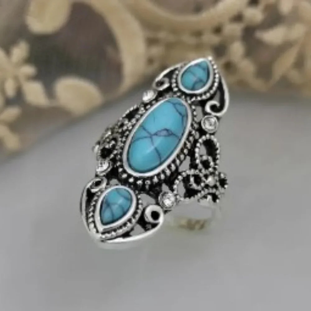 Bohemian Chic Retro Turquoise Statement Ring Hollow Carved Ethnic Style … - Picture 2 of 2